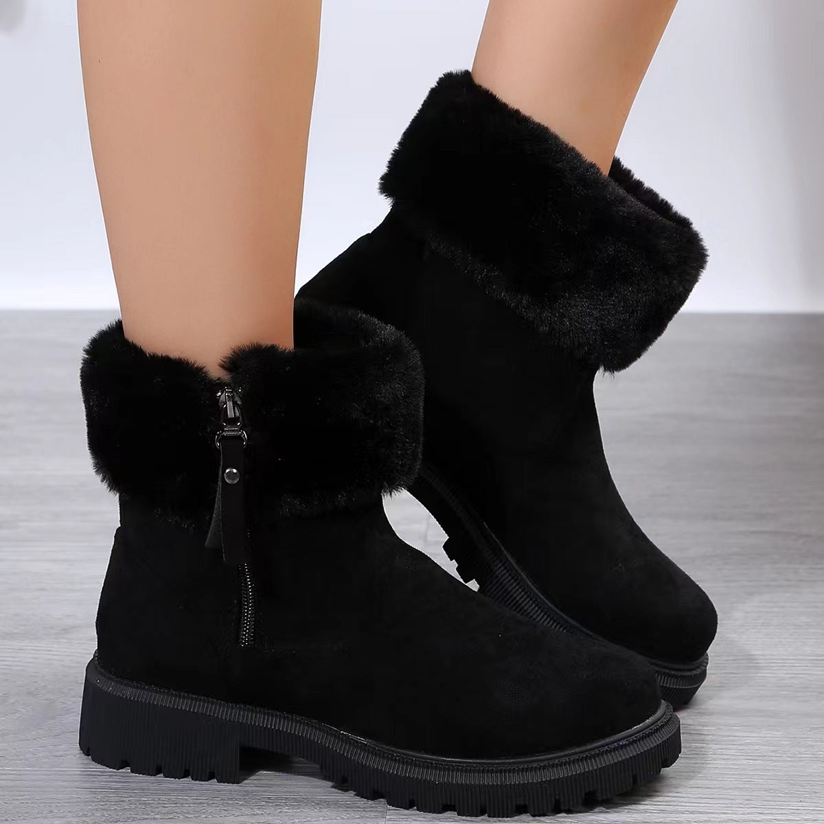 Bottes en peluche d'hiver à fermeture latérale pour femmes chaussures à talons bas épaisses