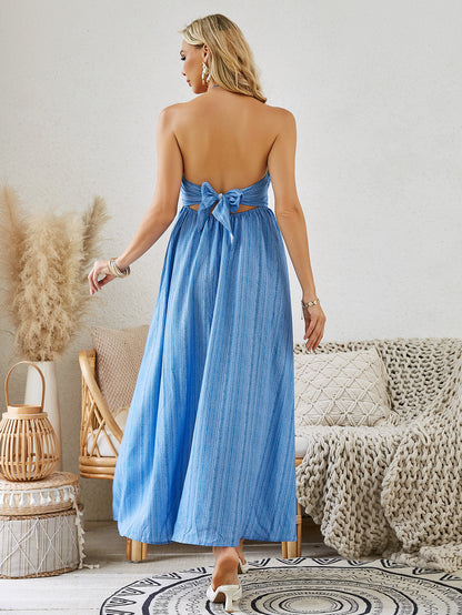 Robe longue bohème à licou - Robe de plage fluide sans manches pour femme