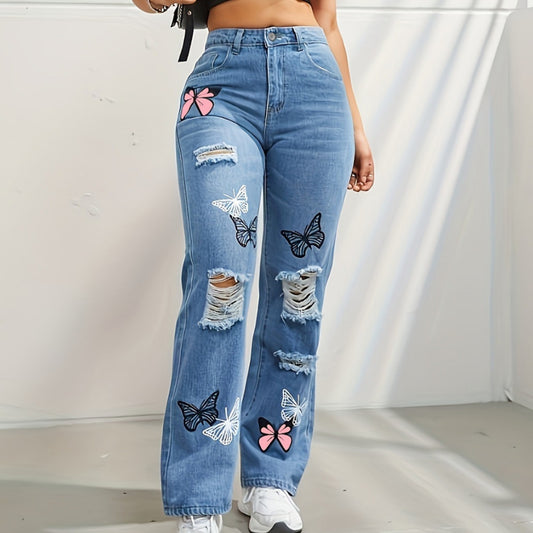 Butterfly Print Ripped High Waisted Straight Jeans